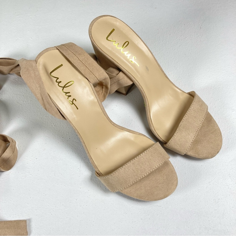Lulu's Alta Lt. Nude Suede-like Block Heel Lace Up Sandals Size 9 Beige - Picture 11 of 15